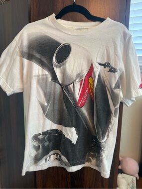 Men's White Short-Sleeve Graphic Motorcycle Tee with Red Detail